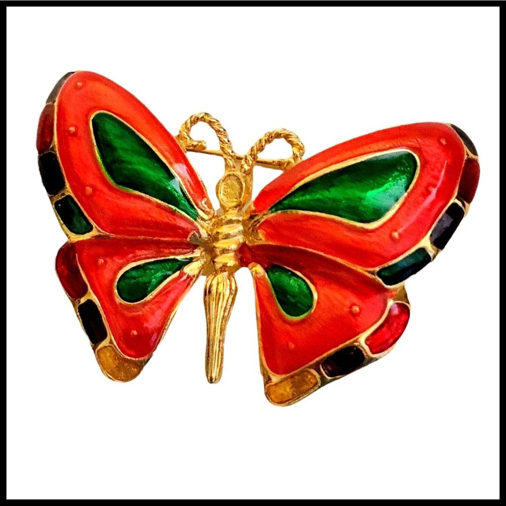 Vintage‎ Gold tone Butterfly Colorful Bright Red Green Brooch Pin Scarf